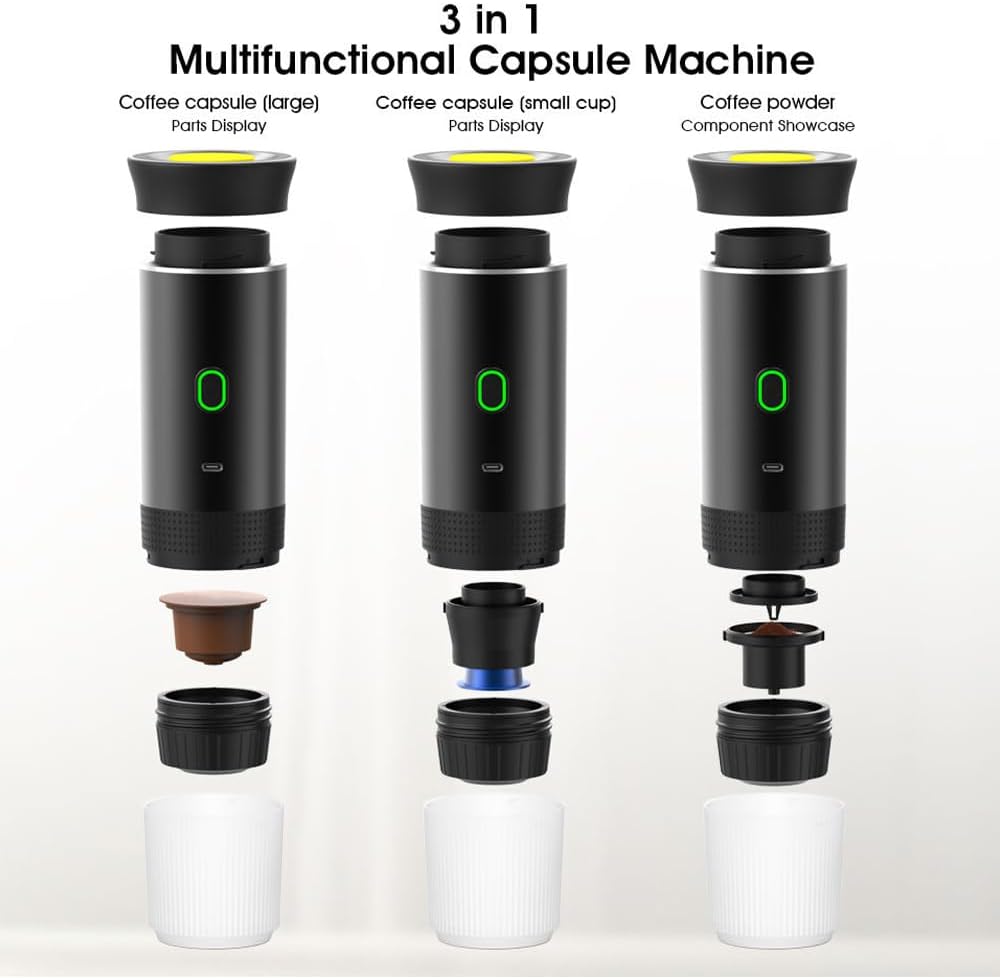 3-in-1 Portable Coffee Maker – Electric Espresso Machine for Travel – Compatible with Ground Coffee, NS & DG Capsules – USB-C Rechargeable Portable Espresso Maker (Black)