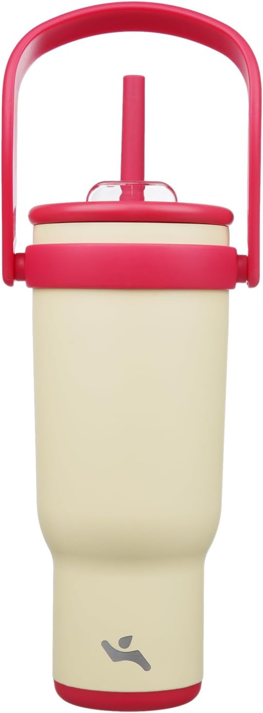 40 oz Tumbler with Side Handle, Insulated Water Bottle with Straw and 2 in 1 Lid, Stainless Steel Cup Travel Coffee Mug for Sports Office Gym,Cream