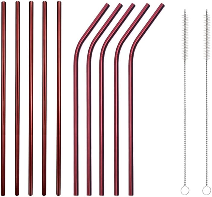 10 Pcs Stainless Steel Straws, Reusable Drinking Straws, 5 Straight + 5 Bent Metal Straws Set With 2 Pcs Cleaning Brushes (Red, 8.5 Inch)