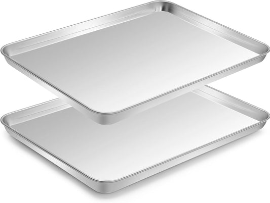 Stainless Steel Baking Sheet Set, 2 Pcs Half Cookie Sheet Pan Baking Trays for Oven, Non Stick and Heavy Duty and Easy Clean, 17.71 x 13.7 x 1 Inch