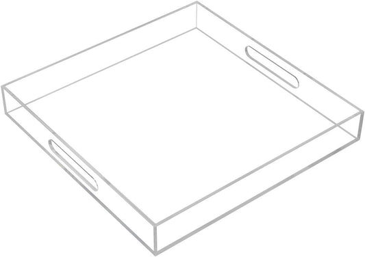 Clear Sturdy Acrylic Serving Tray with Handles - 14x14Inch - Coffee, Appetizer, Breakfast, Butler Tray - Kitchen Countertop & Makeup Drawer Organizer