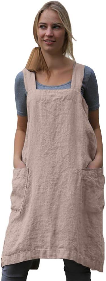 Women's Pinafore Square Apron Baking Cooking Gardening Works Cross Back Cotton/Linen Blend Dress with 2 Pockets