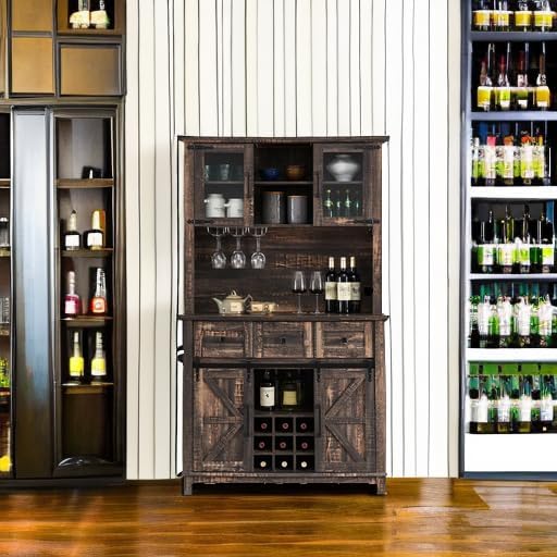 AMERLIFE 72'' Coffee Bar Wine Cabinet with Sliding Barn Door, Farmhouse Kitchen Sideboard, Buffet Storage Table, Wine Glass Racks, 3 Drawers, LED Lights, Tall Hutch Home Bar Dark Rustic Oak