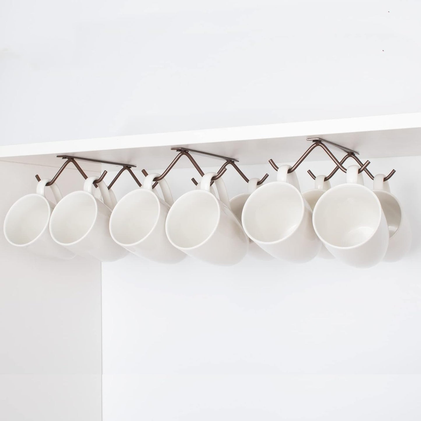 Cabinet Hook Mug Holder - Hanging Coffee Cup Rack for Kitchen, Under Cabinets Metal Hangers Organizer Shelf Storage Utensil (Brown)