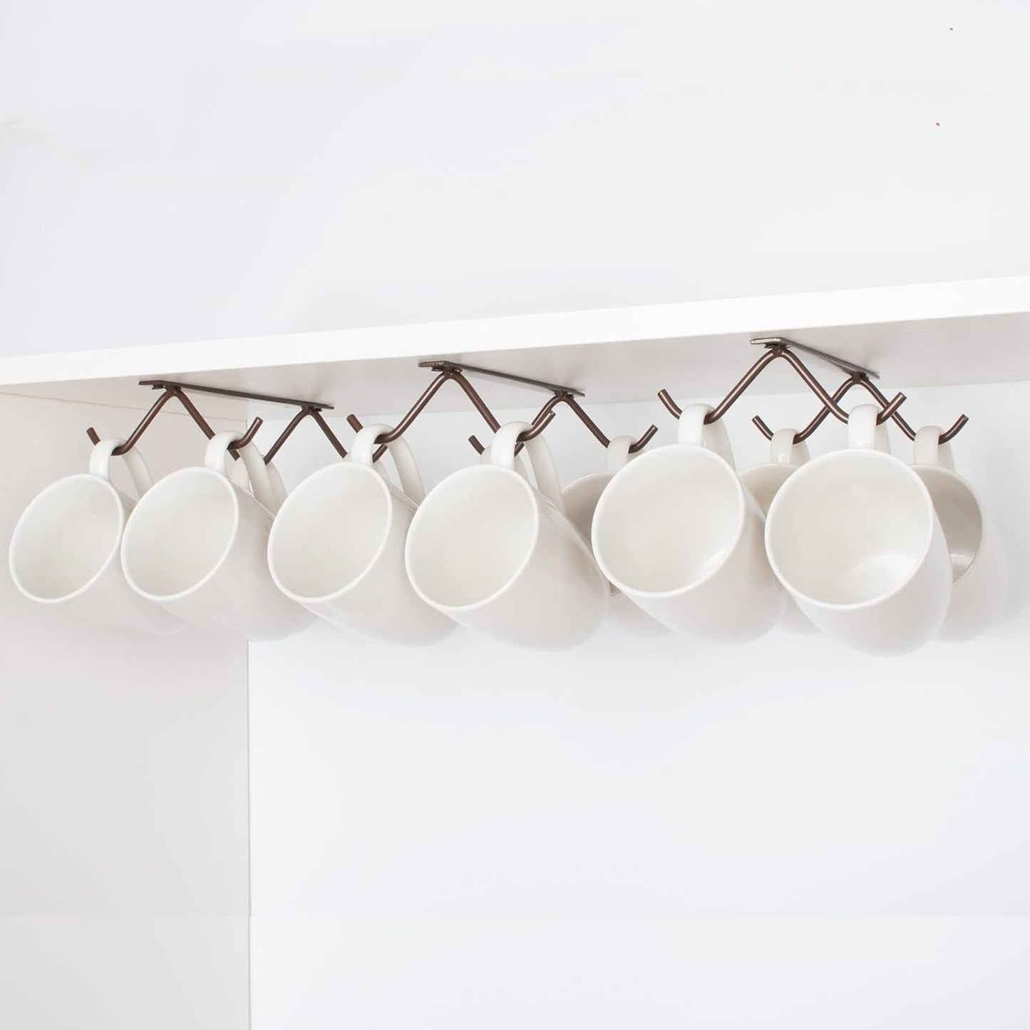 Cabinet Hook Mug Holder - Hanging Coffee Cup Rack for Kitchen, Under Cabinets Metal Hangers Organizer Shelf Storage Utensil (Brown)