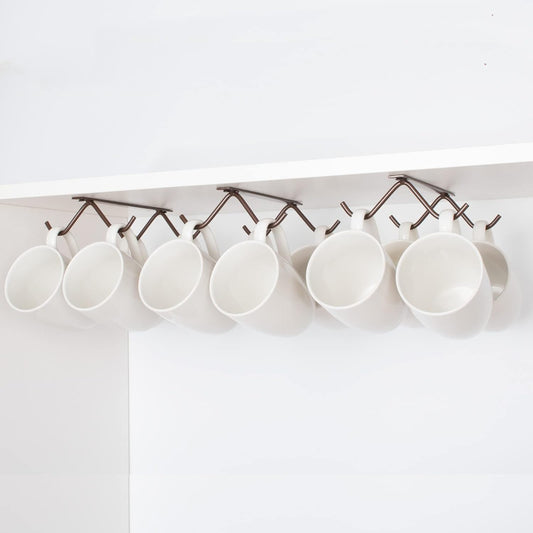 Cabinet Hook Mug Holder - Hanging Coffee Cup Rack for Kitchen, Under Cabinets Metal Hangers Organizer Shelf Storage Utensil (Brown)