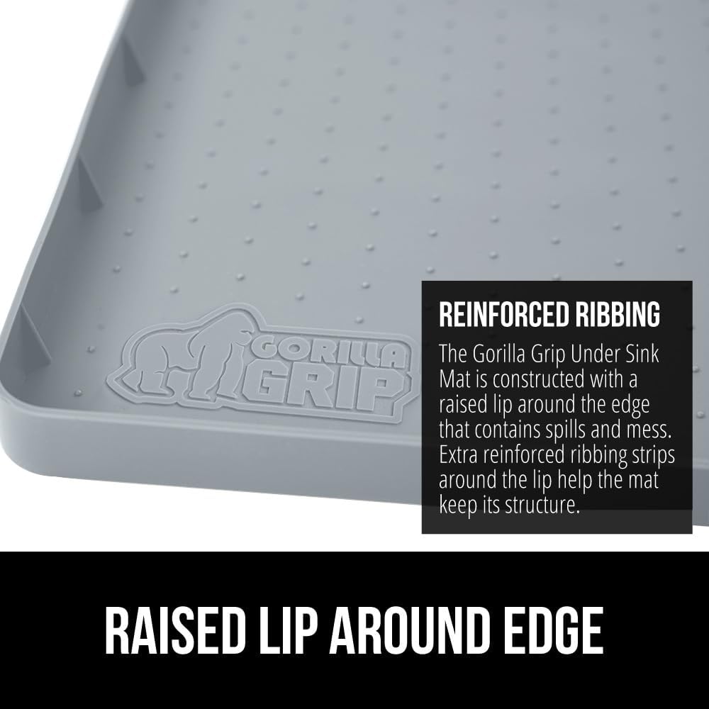 GORILLA GRIP Waterproof Silicone Under Sink Mat with Raised Lip for Kitchen and Bathroom, 46 x 22 in, Cabinet Shelf Liner Stay in Place Mats Dishwasher Safe Drawer Liner, Organizer Tray, Light Grey