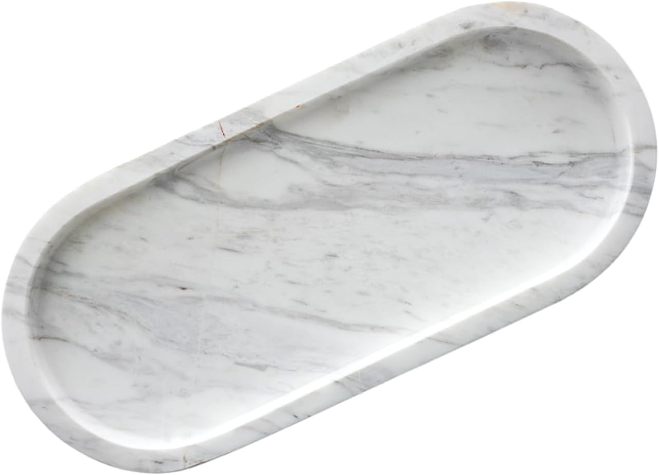 Bathroom Vanity Tray, Large Natural Marble Oval Sink Tray 10 Inch, Jazz White Limestone Dresser Tray for Soap Dispenser Modern Countertop Organizer for Kitchen Countertops, Home Decor