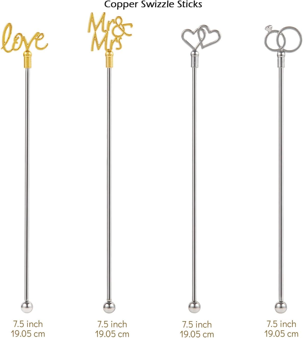 4Pcs Cocktail Stirrers Swizzle Sticks Stainless Steel 7.3" Coffee Stir Sticks with Gold Mr & Mrs,LOVE Shape, for Mixing Cocktail Metal Stir Sticks for Coffee Bar