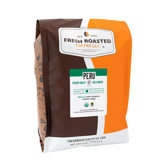 Fresh Roasted Coffee, Organic Peru | Mold & Myco 3rd Party Tested, USDA Organic, Kosher | Med Roast 5 lb (80 oz) Whole Bean