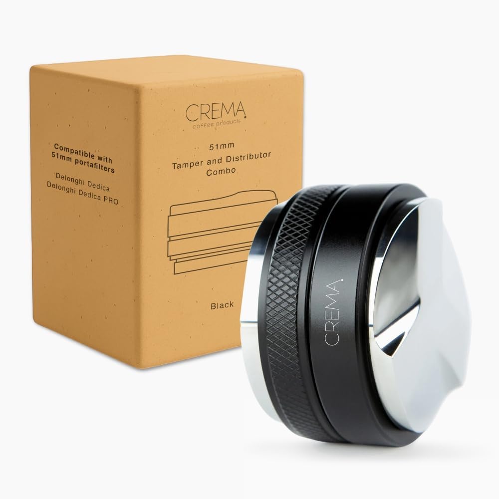 Crema Coffee Products 51mm Hand Tamper & Coffee Distributor|Compatible with Delonghi Dedica & La Specialista Portafilter|Double-Sided, Adjustable Depth Tool|Made with Durable 304 Stainless Steel|Black