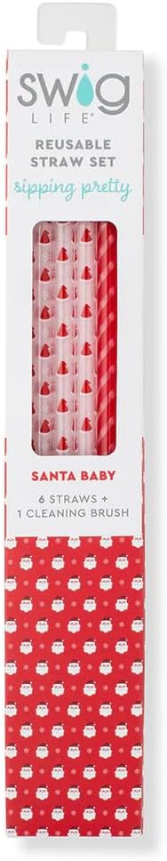 Swig Life Reusable Straws Santa Baby & Candy Cane Tall Straw Set & Cleaning Brush, Each Straw is 10.25 inch Long (Fits Swig Life 20oz Tumblers, 22oz, and 32oz Tumblers)
