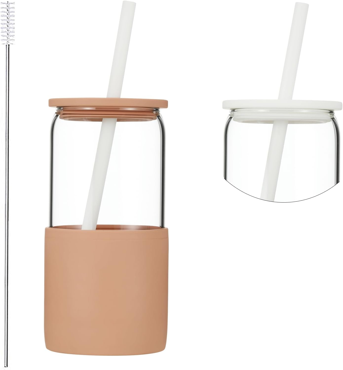 Sunseeke Glass Tumbler with Straw and Lid, 16oz Ice Coffee Cup, Silicone Sleeve Cleaning Brushes, Drinking Glasses for Water, Iced Coffee, Smoothie - BPA Free (Sandy Beige)