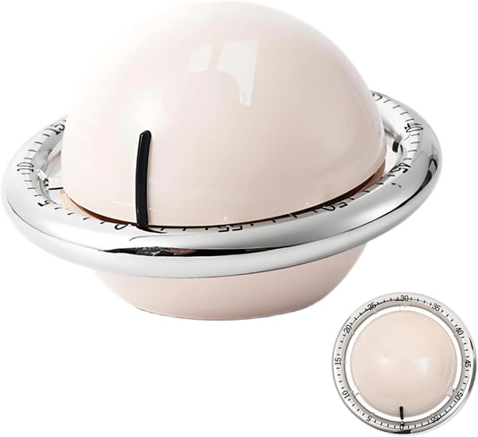 Planet-Shaped Mechanical Timer | No Batteries Needed | 59-Minute Countdown | Magnetic Base | Multi-Purpose Kitchen, Study & Classroom Timer (White)