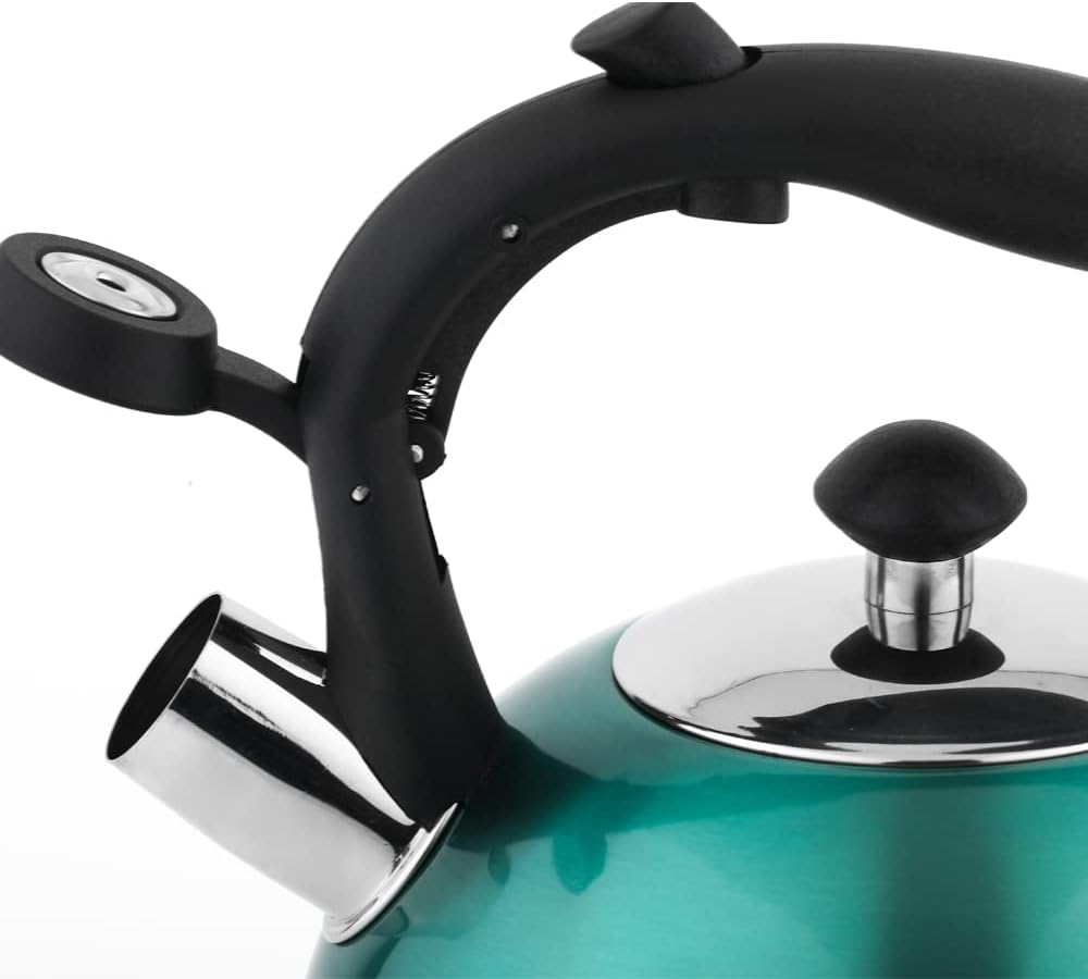 Amazon Basics Stainless Steel Tea Kettle, Hot Water Kettle with Whistle Spout, Fast Boiling, Ergonomic Handle, 2.4-Quart, Teal