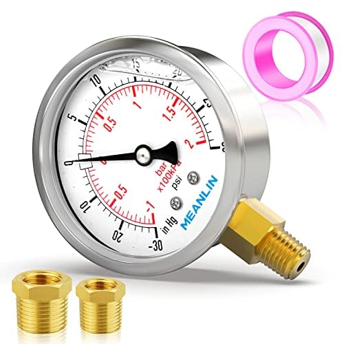 MEANLIN MEASURE -30inHG~30Psi Stainless Steel 1/4" NPT 2.5" FACE DIAL Vacuum Pressure Gauge, Lower Mount, with 1/2" NPT and 3/8" NPT Hex Bushing