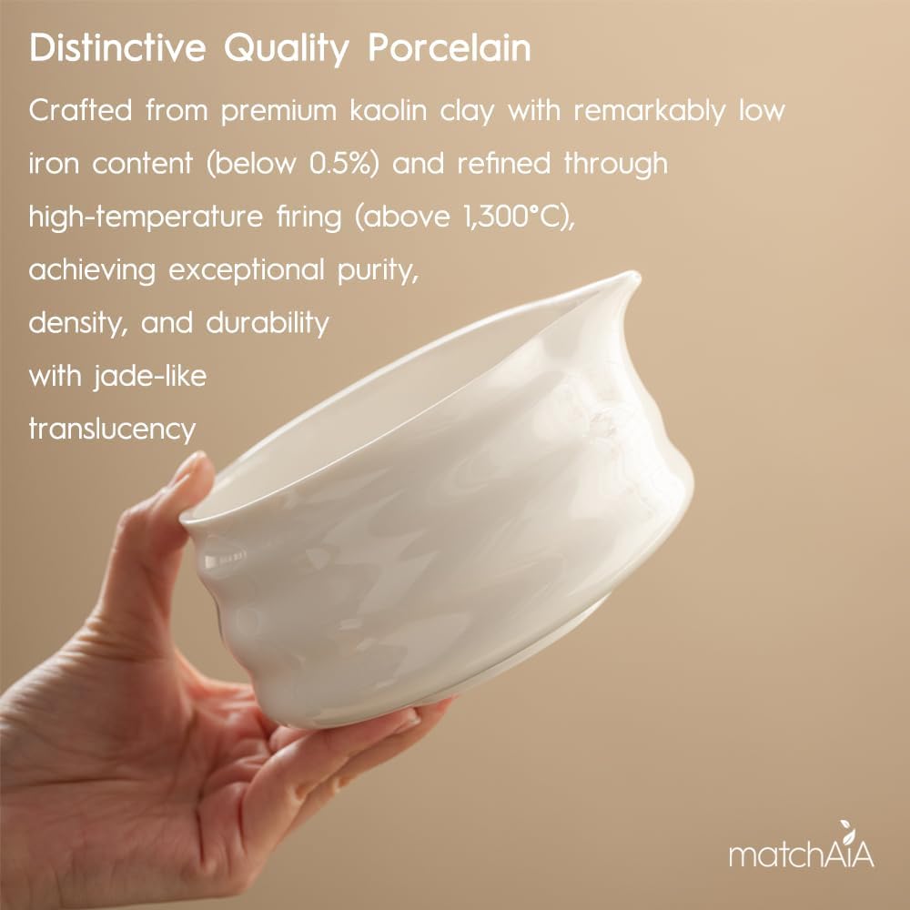 7 Pcs Matcha Set - Ceramic Bowl, Bamboo Whisk with Holder, Sifter, Schima Spoon, Spoon Rest and Tea Towel, Complete Kit for Traditional Matcha and Modern Lattes (White)