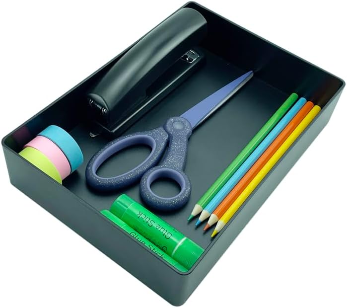 Amazon Basics Rectangular Plastic Desk Organizer with Storage Trays, Accessory Tray, 9.4 x 6.7 x 2 inch, Black, 1 Pack
