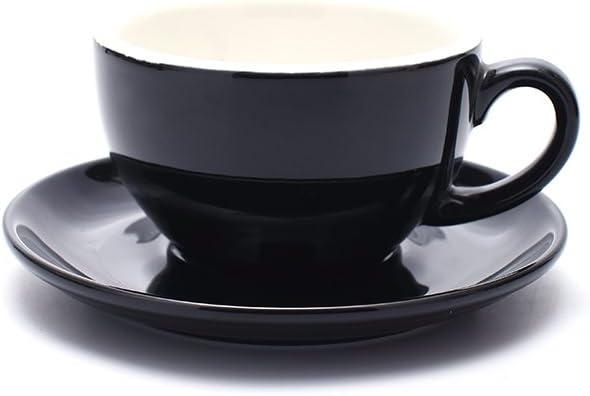Cappuccino Barista Cup and Saucer Latte Art and Americano New Bone China for Coffee Shop (Glossy Black, 8.5 oz)
