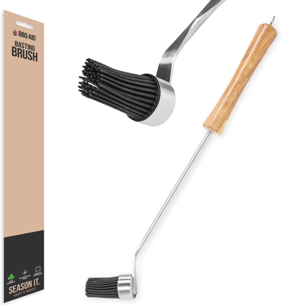 BBQ-AID Basting Brush - For Marinating, Glazing, Seasoning - Bbq Silicone Brush Cooking, Baster for Cooking Brush - Premium Wood Handle, Stainless Steel Core and Silicone Bristles for Easy Cleaning