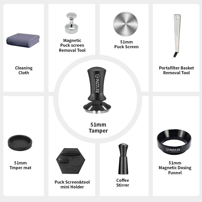 51mm Espresso Accessories Kit, Spring Loaded Calibrated Tamper,mat，WDT Tool，Dosing Funnel，Puck Screen kit，Basket Removal Tool ，Cleaning ClothSet， Fits Espresso Coffee Machines and 51 mm Portafilters