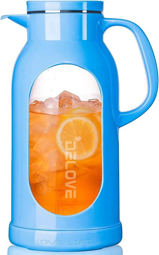 Delove 68 oz/2 Liter Glass Pitcher with Shatterproof Shell - Heat Resistant Glass Liner - Stainless Steel Lid - Carafe & Jug for Iced Tea,Hot/Cold Water,Homemade Juice Beverages (Blue)