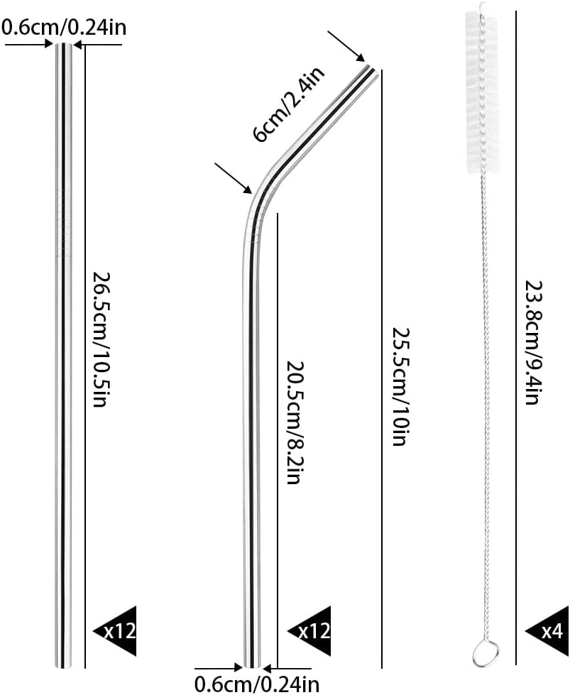 [24 PCS] Extra Long 10.4 inch Value Pack Reusable Stainless Steel Straws Combinations, Tomorotec Metal Straw Sets with Cleaning Brushes, 12 Straight 12 Bent For Tumblers Beverage Drinks Cocktail