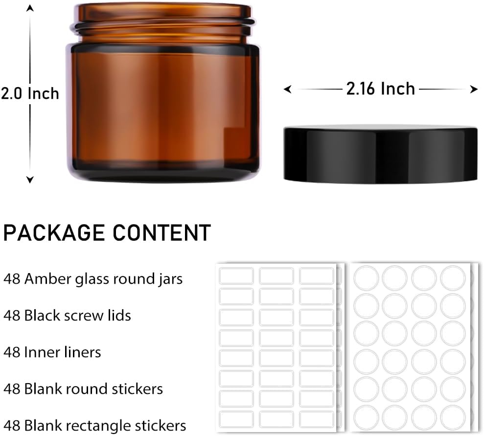 2 oz Small Glass Jars with Lids, Bumobum 48 pack Round Amber Glass Candle Jars with Black Lids, White Labels & Inner Liners, Empty Cosmetic Containers for Cream, Lotion, Slime