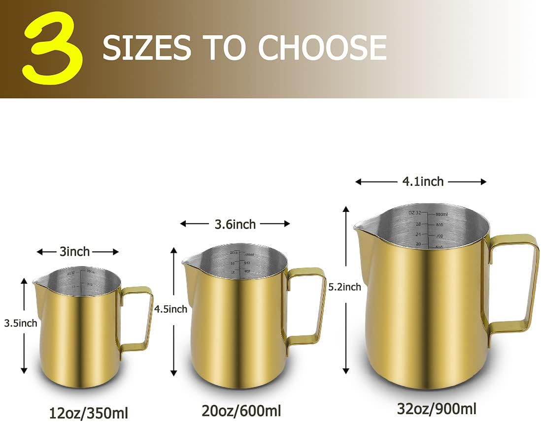 CAMKYDE Stainless Steel Milk Frothing Pitcher 12 oz, Espresso Steaming Pitcher with Decorating Pen for Espresso Machines, Cappuccino, Latte Art (Gold)