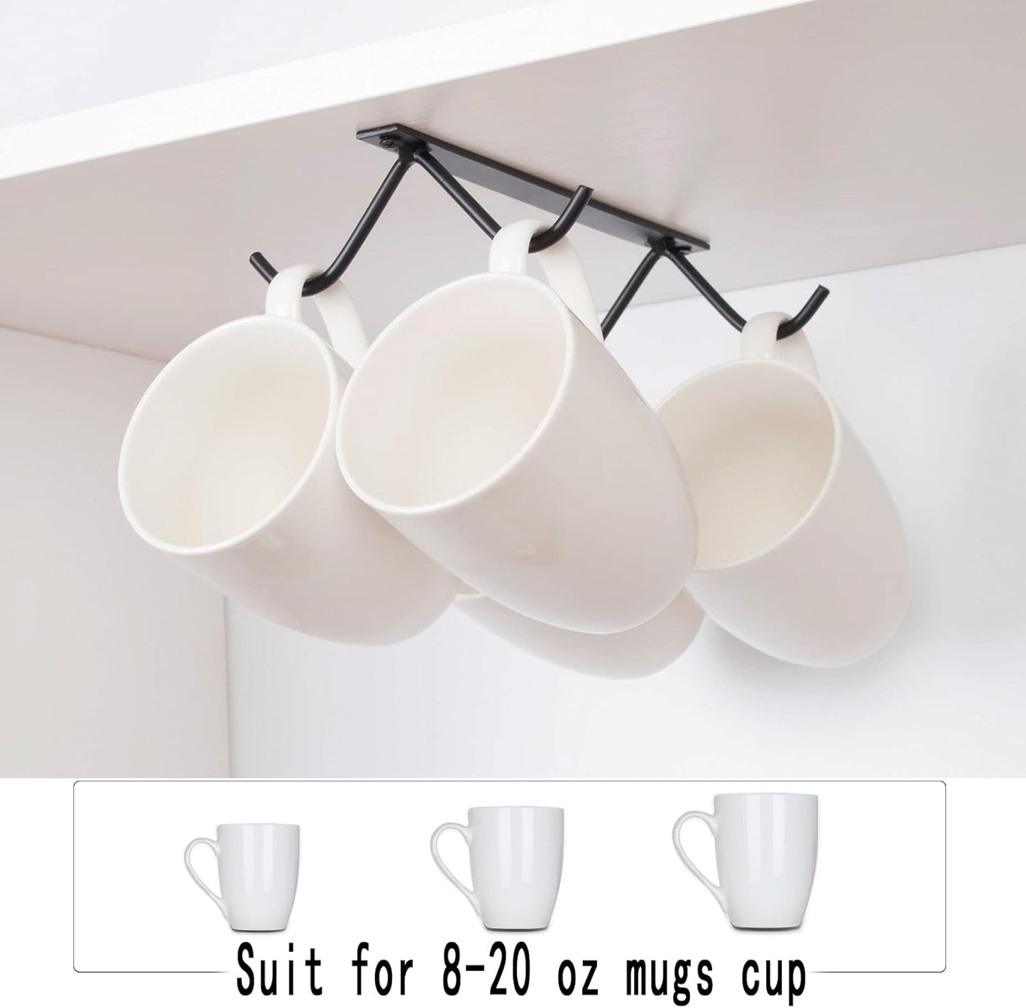 Cabinet Hook Mug Holder - Hanging Coffee Cup Rack for Kitchen, Under Cabinets Metal Hangers Organizer Shelf Storage Utensil (Black)