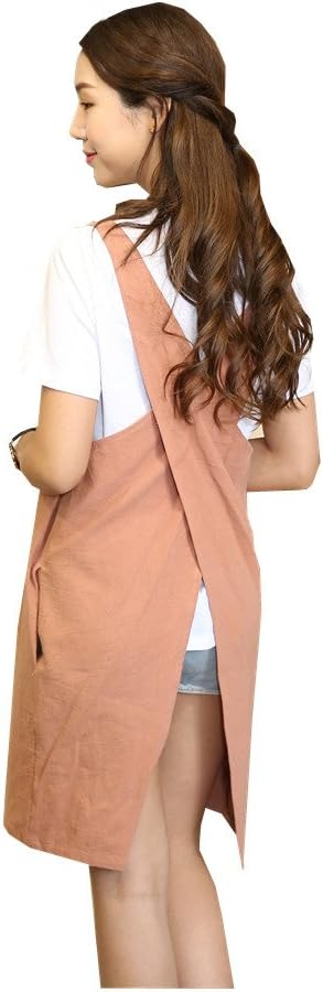 Cotton Linen Japanese Apron Halter Cross Back Bandage X Shape Aprons Two Pockets
