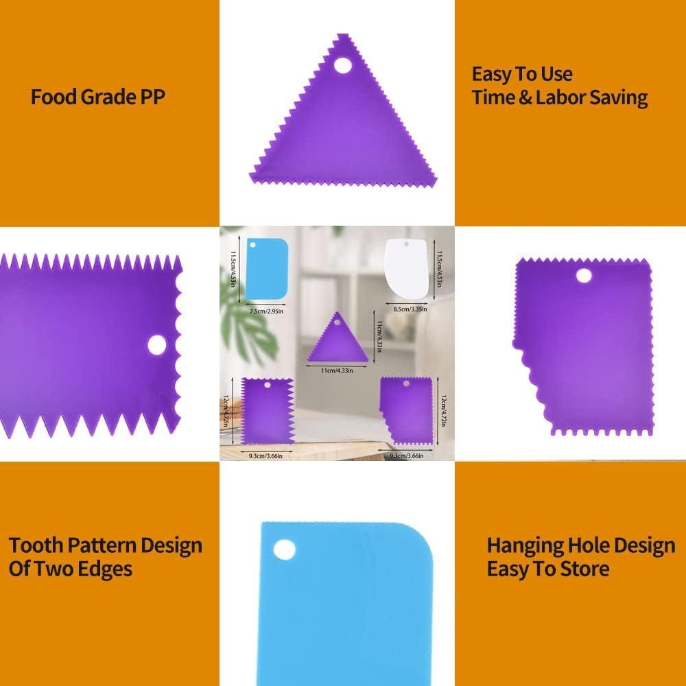 Cake Smoother Scraper Dough Scraper Tools Set,Cake Icing Scraper Smoother,Reusable Bread Cream Pizza Cutter,Flexible Plastic Pastry Cutter,For Baking Cake Edge Stripe Decorating Comb(5Pcs,Multicolor)