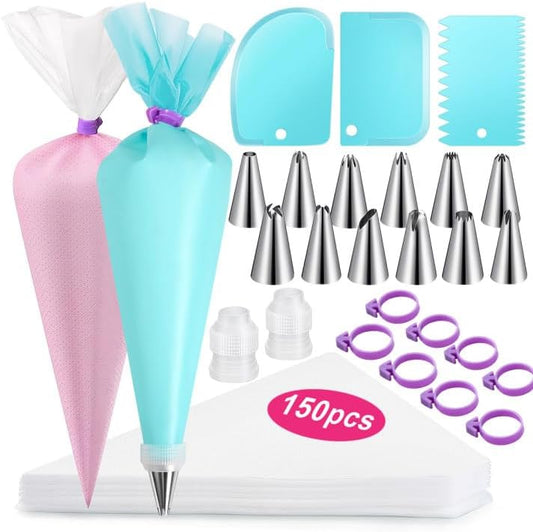 176PCS Piping Bags and Tips Set, Includes 150pcs 12 Inch Anti Burst Piping Bags, 1 Reusable Pastry Bags, 12 Piping Tips, 8 Icing Bags Ties, 3 Cake Scrapers and 2 Couplers