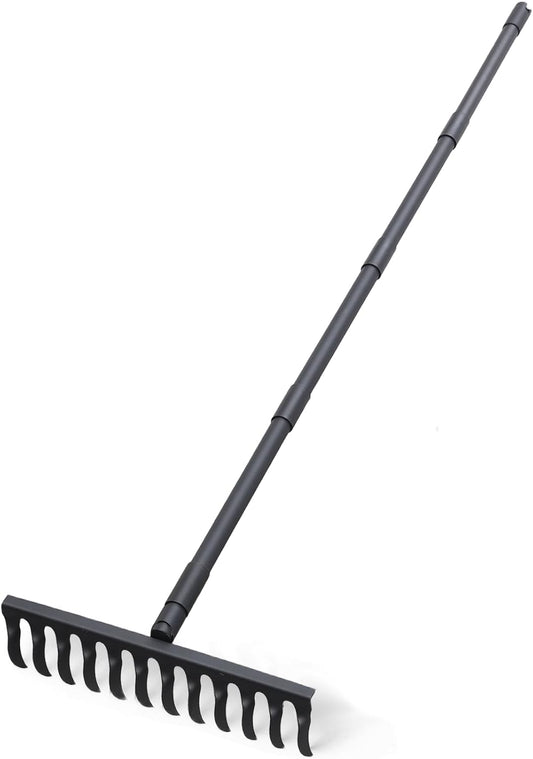 Bow Rake for Soil Leveling 60 Inch Heavy Duty Garden Tool with 12 Tines Adjustable Long Handle Thatch Rake for Gardening Loosening Soil Leveling Mulch Gathering Leaves, Black