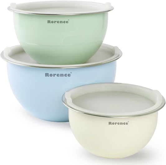 Rorence Stainless Steel Mixing Bowls: Color Painting Metal Mixing Bowl Set with Lids Nesting Bowls for Kitchen Set of 3