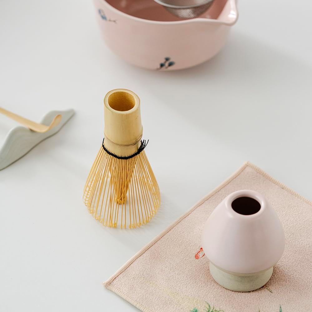 matcha whisk set,matcha set, including matcha bowl, matcha whisk and stand, sieve, spoon, cloth mat, gift for matcha lovers (pink)