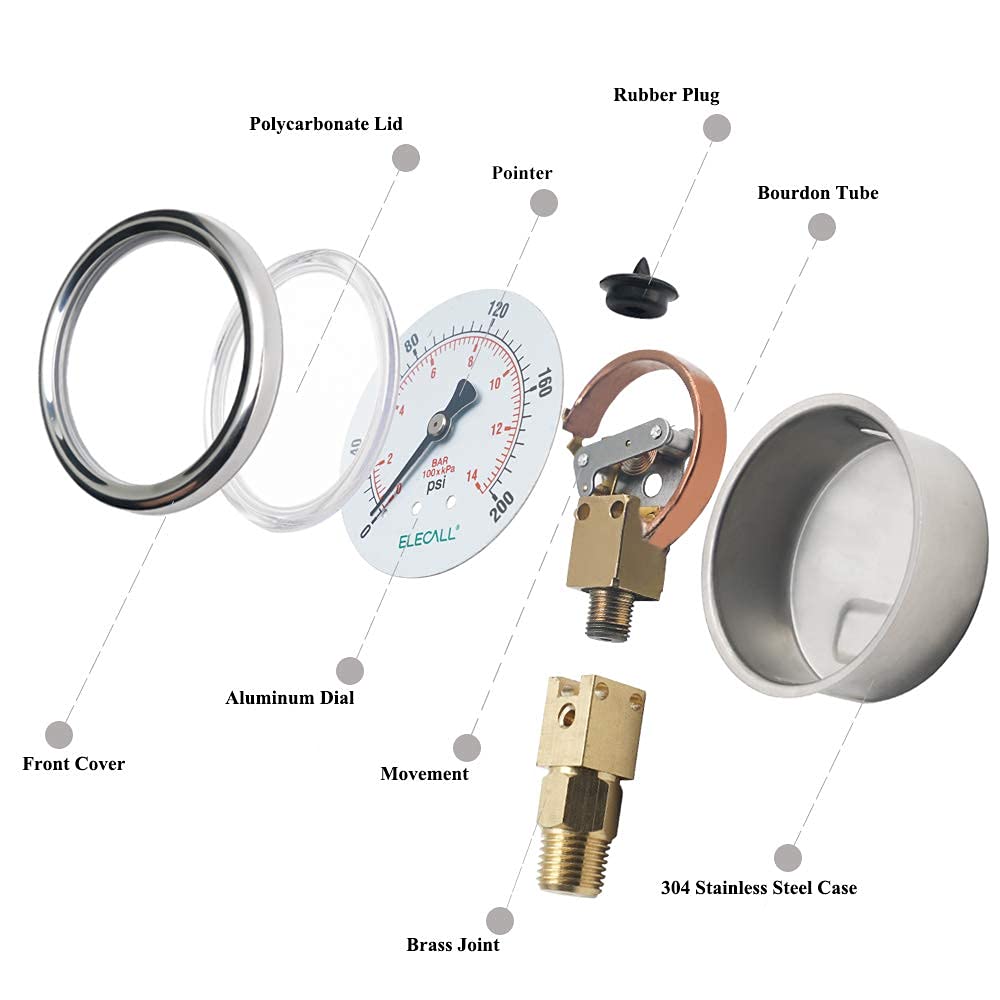 ELECALL 2-1/2” Glycerin Liquid Filled Air Pressure Gauge, 0-200Psi, 1/4” NPT Lower Mount, Stainless Steel Case, Brass Internals, Water Pressure Gauge