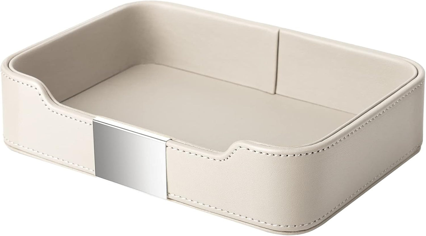 SANZIE Luxury Leather Tray Desktop Storage Catchall Organizer Decorative Tray for Entryway Table to Hold Jewelry Watch Keys Phone Wallet (Metal Silvered, Grey)