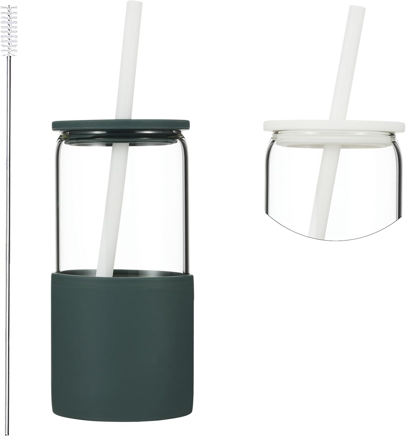 Sunseeke Glass Tumbler with Straw and Lid, 16oz Ice Coffee Cup, Silicone Sleeve Cleaning Brushes, Drinking Glasses for Water, Iced Coffee, Smoothie - BPA Free (Slate blue-gray)