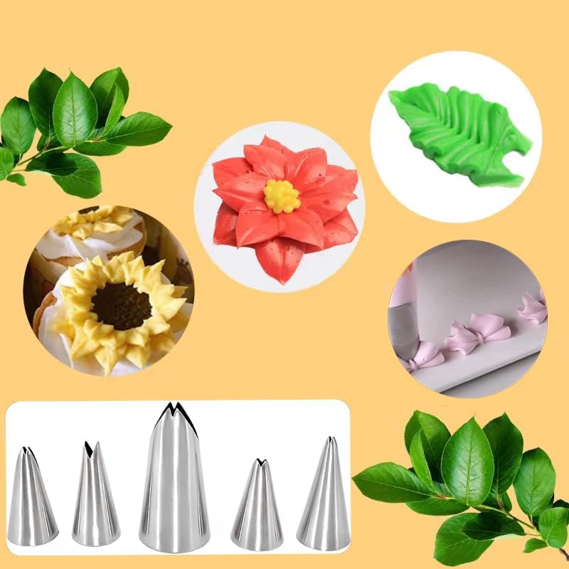 6 Pcs Leaf Piping Icing Nozzle, Cake Decorating Tube Tips Set, Leaves Stainless Steel Icing Piping Nozzles for Pastry Fondant DIy Baking Tools with Cleaning Brush (Leaf)