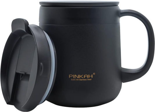 11OZ 330ML Stainless Steel Insulated Coffee Mug with Handle, Double Wall Stainless Steel Tumbler Cup with 2 Lids, Black