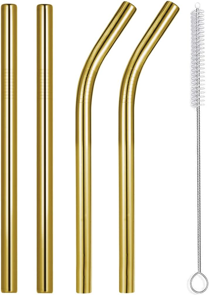 Vinaco 8.5" and 10.5" Big Smoothie & Milkshake Straws, 4 Pack Food-Grade Stainless Steel 0.4" Wide Mouth for Thick Drinks, Gold Metal Reusable