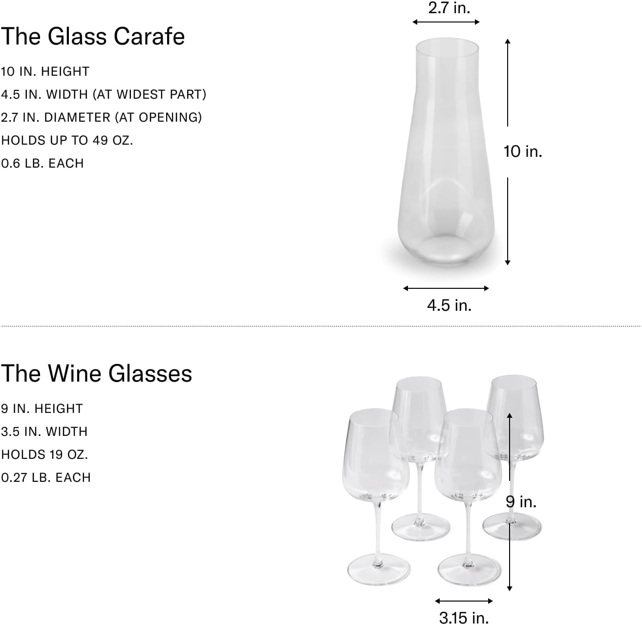 Fable Premium Wine Set - Includes 4 Crystal Wine Glasses and 1 Durable Glass Carafe - Dishwasher Safe Crystalware Bundle with Matching Carafe, Clear