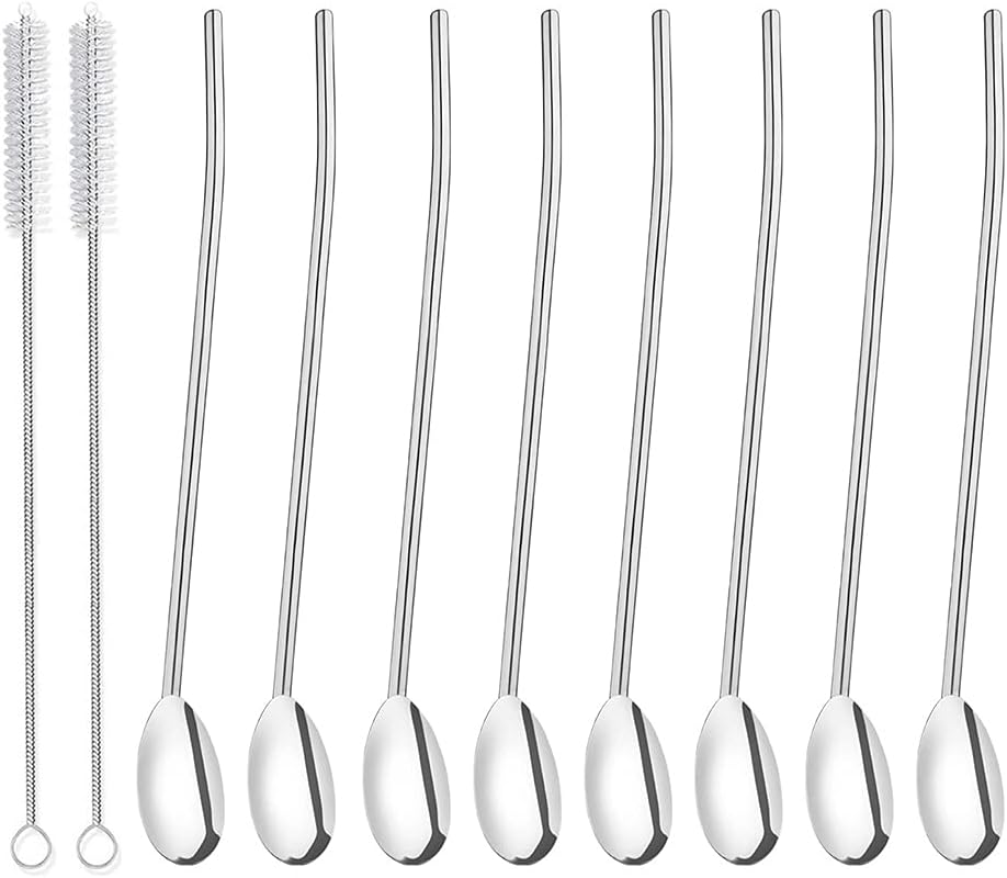 8Pcs Stainless Steel Straws Spoons, Reusable Metall Straws Spoon with 2 Cleaning Brushes,2 in 1 Snow Cone Straws Drinking Reusable Stainless Steel Ice Tea Long Spoons Straws for Cocktail Milkshake