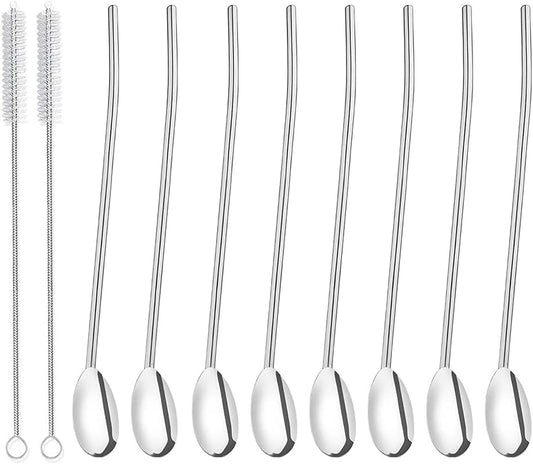 8Pcs Stainless Steel Straws Spoons, Reusable Metall Straws Spoon with 2 Cleaning Brushes,2 in 1 Snow Cone Straws Drinking Reusable Stainless Steel Ice Tea Long Spoons Straws for Cocktail Milkshake