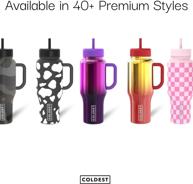 Coldest 40 oz Tumbler with Handle and Straw, 100% Leak Proof Insulated Tumbler with Lid and Straw (3 Lids), Stainless Steel Tumblers for Women & Men, Cup Holder Friendly, 46 oz (Purple Checkers)