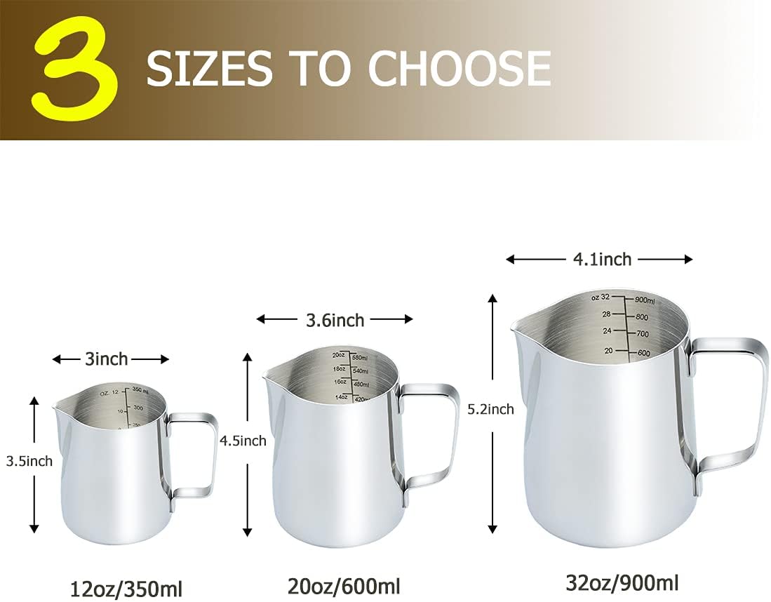 CAMKYDE Stainless Steel Milk Frothing Pitcher 12 oz, Espresso Steaming Pitcher with Decorating Pen for Espresso Machines, Cappuccino, Latte Art A Silver