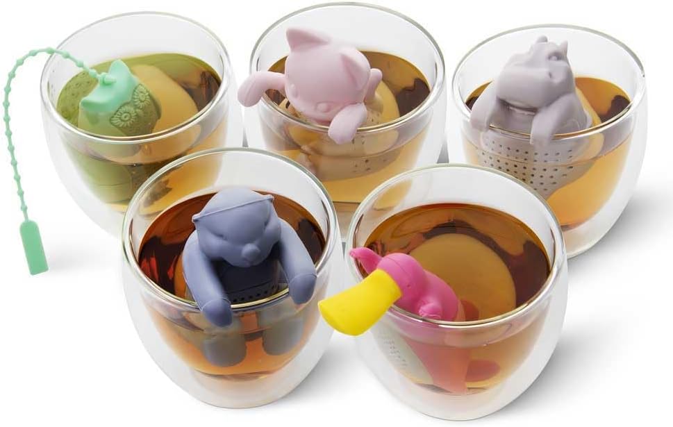 Tea Infuser for Loose Leaf Tea - Par-Tea Pack Silicone Strainer Animals, A Fun and Ideal Gift for Tea Lovers, Friends, and Family, 5-Pack Loose Leaf Steeper Set in Soft Multi-Color Designs