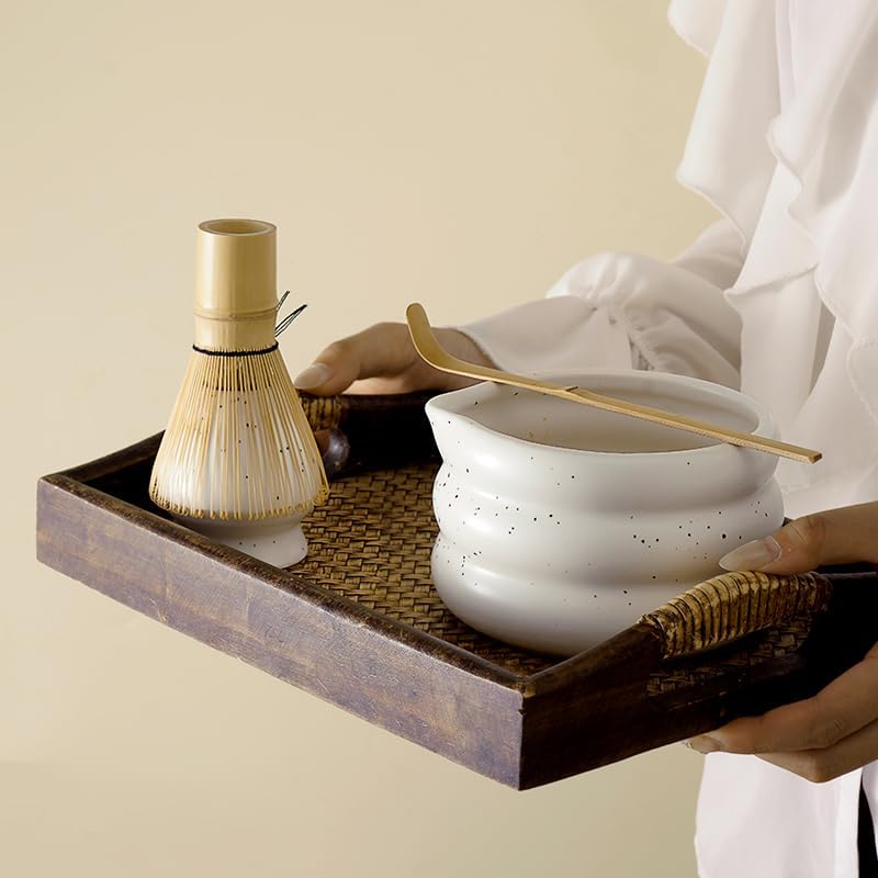 7-piece matcha kit includes matcha bowl. white speckled matcha tea set with bamboo whisk -, sifter, scoop, stainless steel filter, tea caddy, cloth & gift box - for matcha green (4)