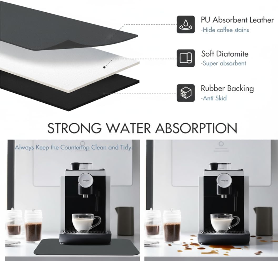 Dish Drying Mat Super Absorbent – 16" x 12" Coffee Mat for Countertops – Non-Slip Drying Mat for Kitchen Counter – Easy to Clean Water Absorbent Mat – Quick Dry Dish Drying Mats (Dark Gray)